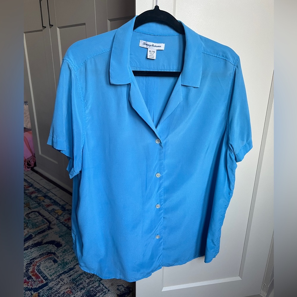 Tommy Bahama Women's Talulla 100% Silk Short-Sleeve Camp Shirt in Bright Blue XL - Picture 2 of 5